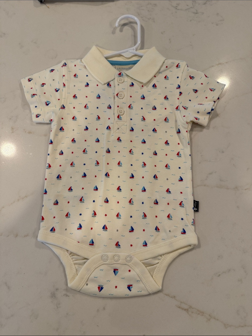 JoJo Maman Bebe Cream Bodysuit with Red & Blue Sailboat Print